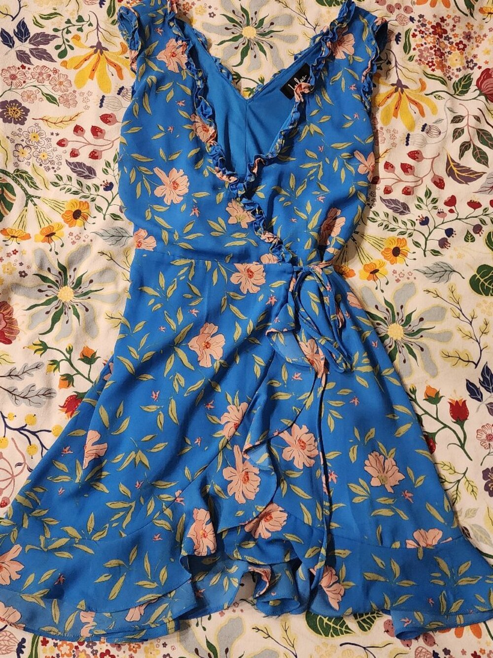 Cerulean Blue Sleeveless Mini Wrap Dress with Floral Pattern, Size S